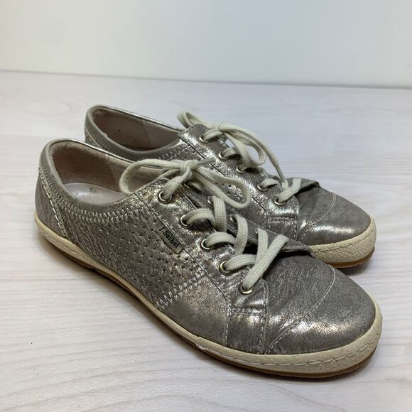 Josef Seibel Women’s US 6 EU 37 Caspian Silver Metallic Leather Sneakers Shoes - Picture 1 of 10